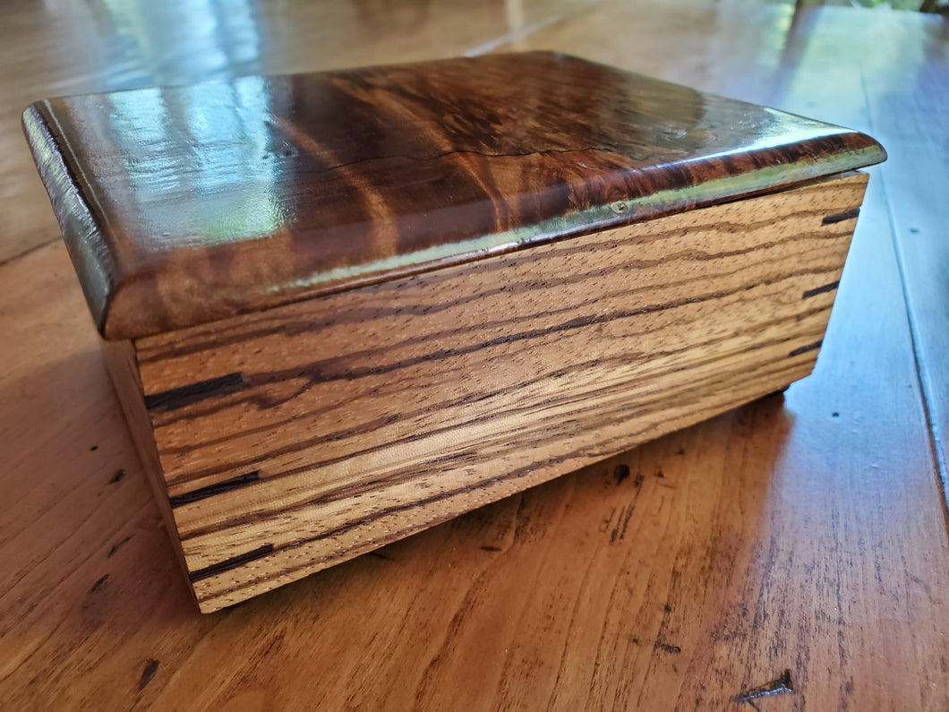 Zebrawood Box with Dyed Spalted Figured Maple Top