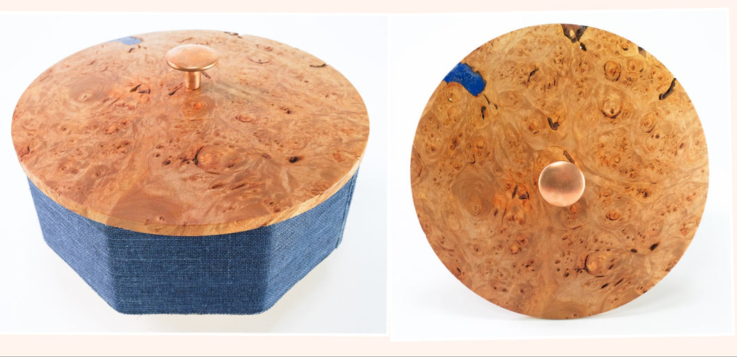 Octagonal Box with Blue Indigo Grasscloth and Maple Burl Top